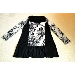 Womens Top-VARIATIONS-black/grey floral rayon blend cowl neck flowy lagenlook-M